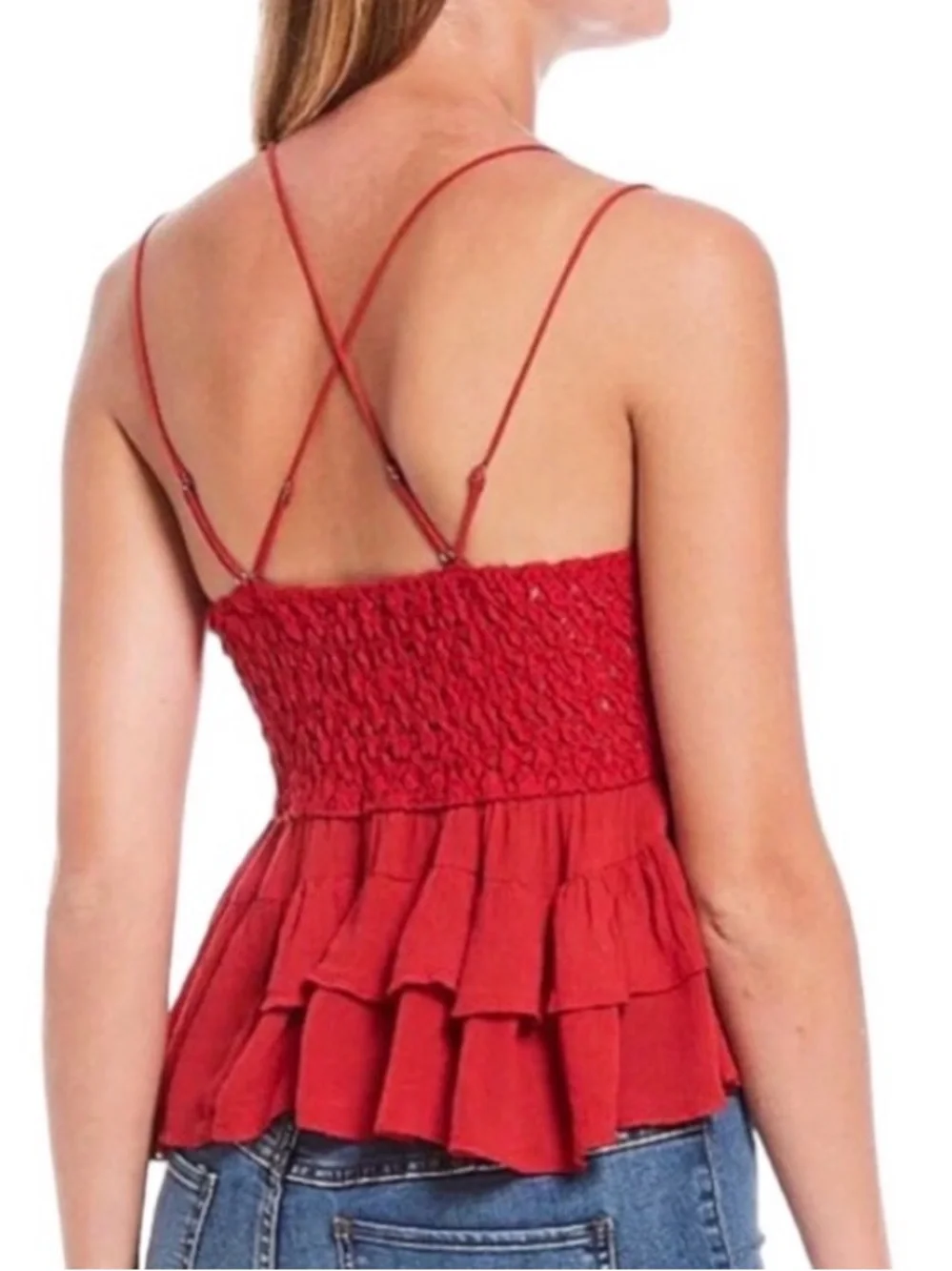 NWT Free People Adella Cherry Red Lace and Ruffle Top